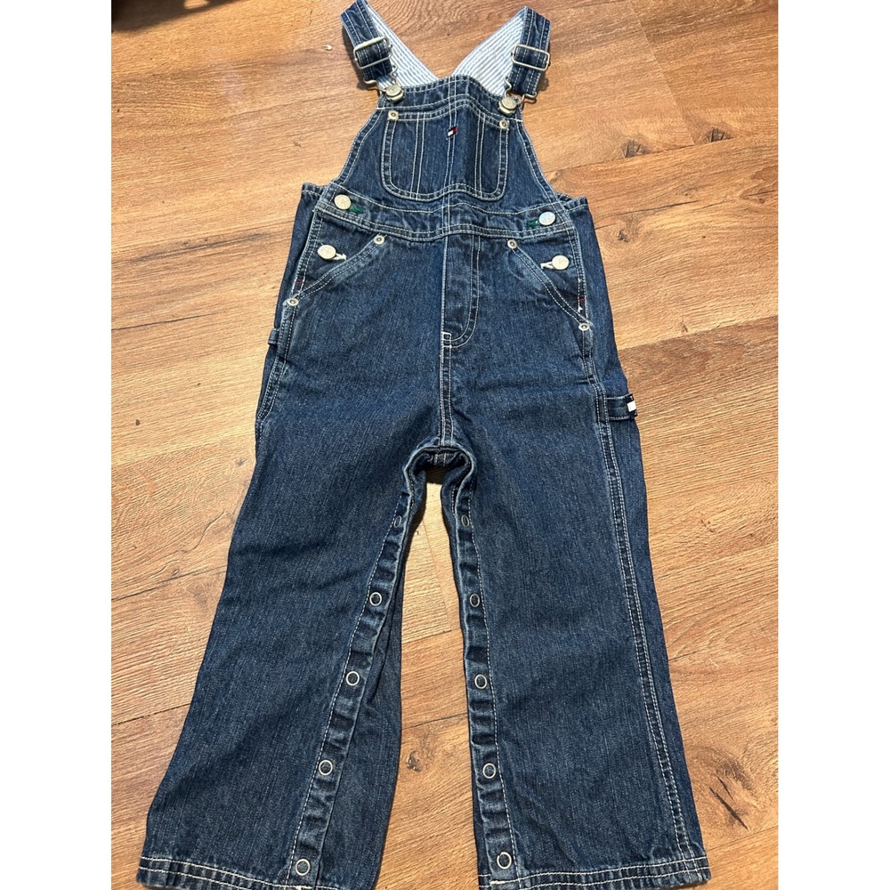 Tommy Hilfiger Kids Denim Overalls Dark Wash Carpenter Bib 3T Flag Logo Vintage